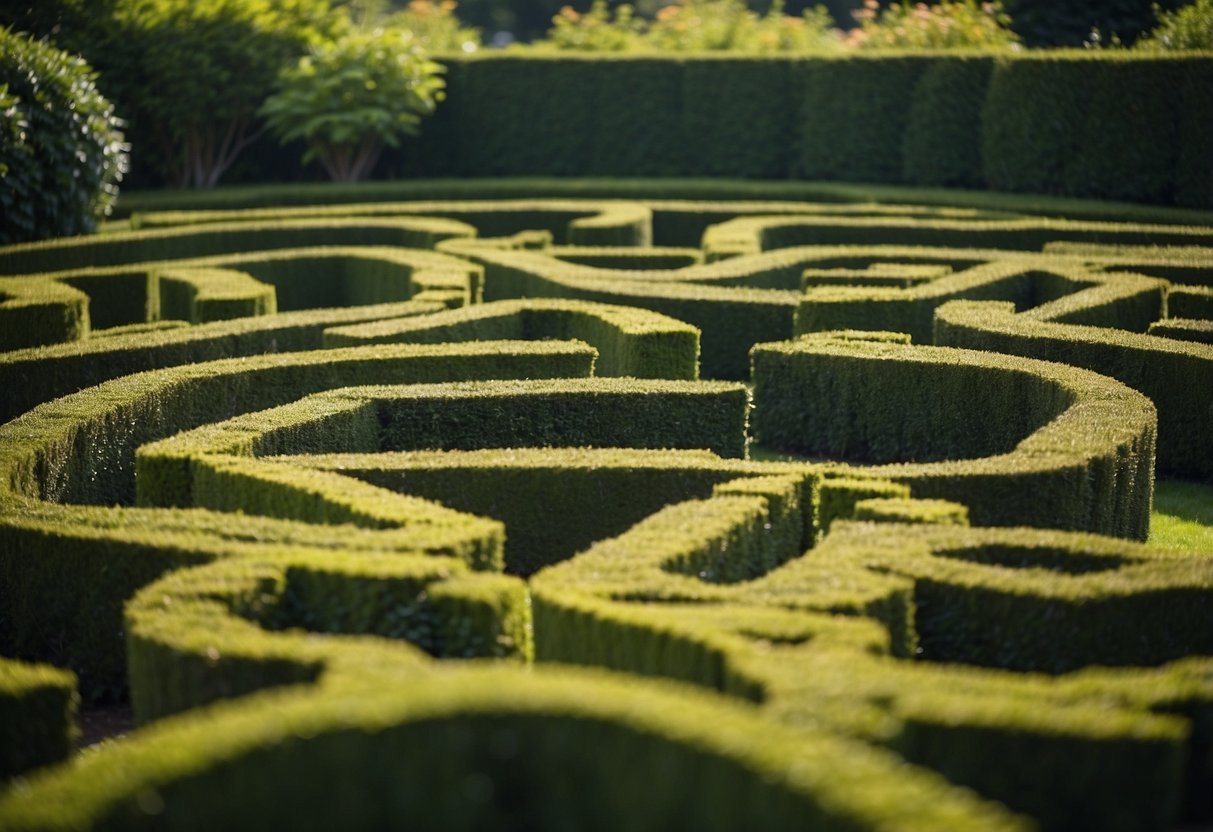 A box hedge labyrinth winds through a garden, creating a maze-like path with neatly trimmed greenery