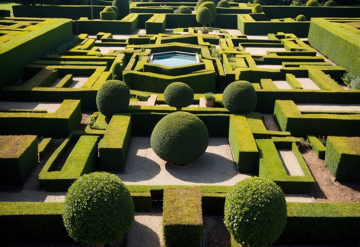 A garden with geometric boxwood patterns, featuring box hedges arranged in intricate designs