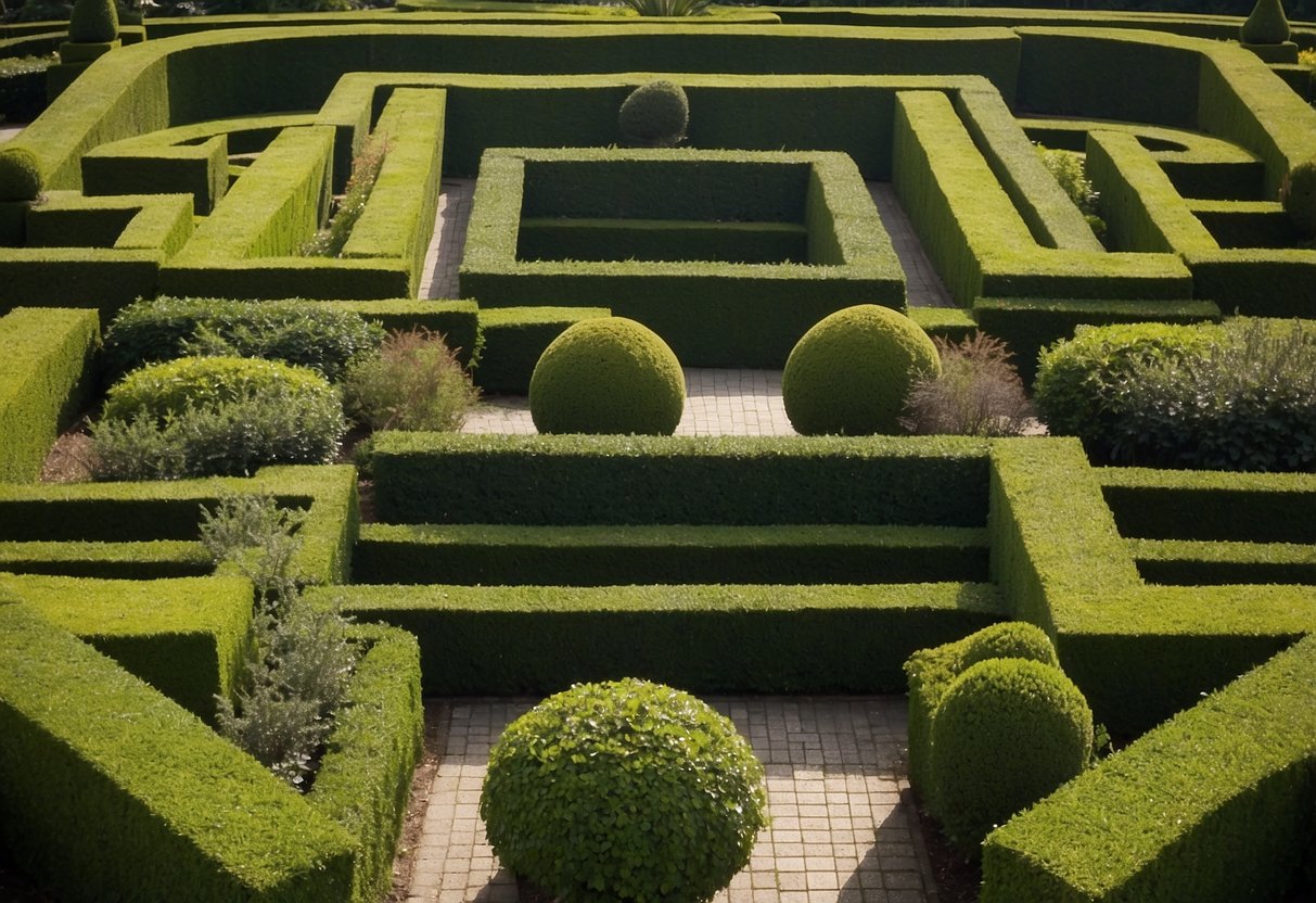 A neatly trimmed box hedge surrounds a symmetrical garden with geometric patterns and pathways. Tall, sculpted topiaries add a sense of formality to the space