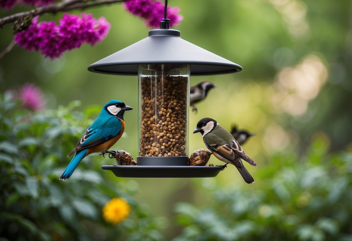 A tube bird feeder hangs from a tree branch in a lush garden, surrounded by colorful flowers and fluttering birds