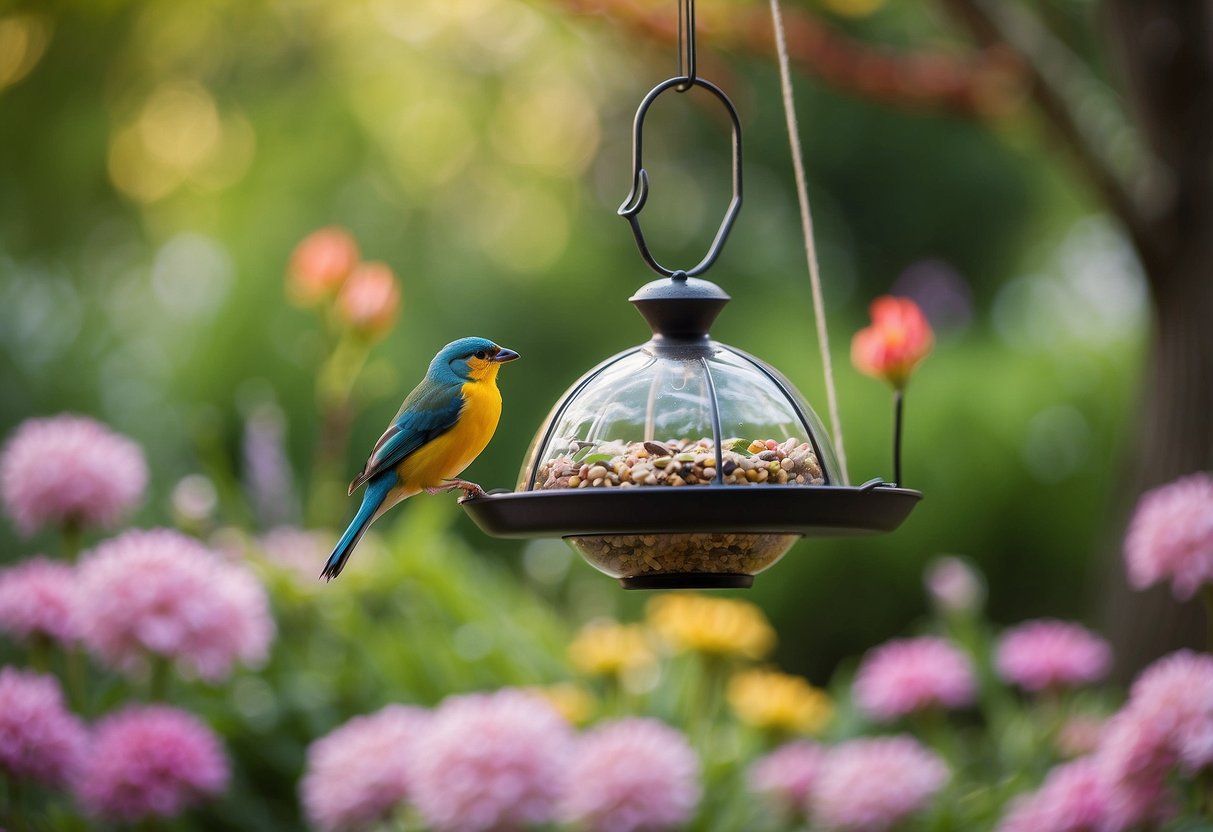 A dome bird feeder hangs in a lush garden, surrounded by colorful flowers and chirping birds