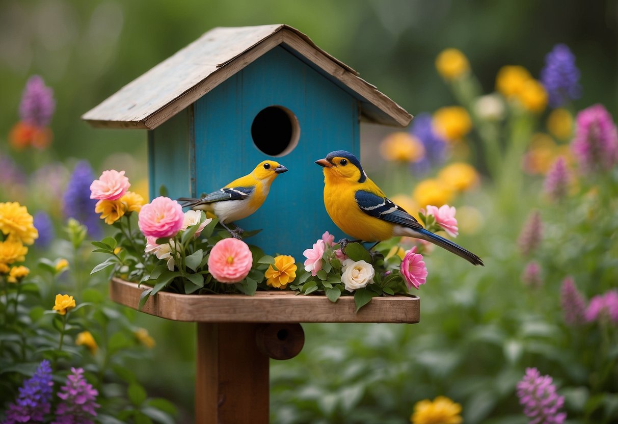 A colorful bird perches on a whimsical birdhouse made from an upcycled boot, nestled among blooming flowers in a vibrant garden setting