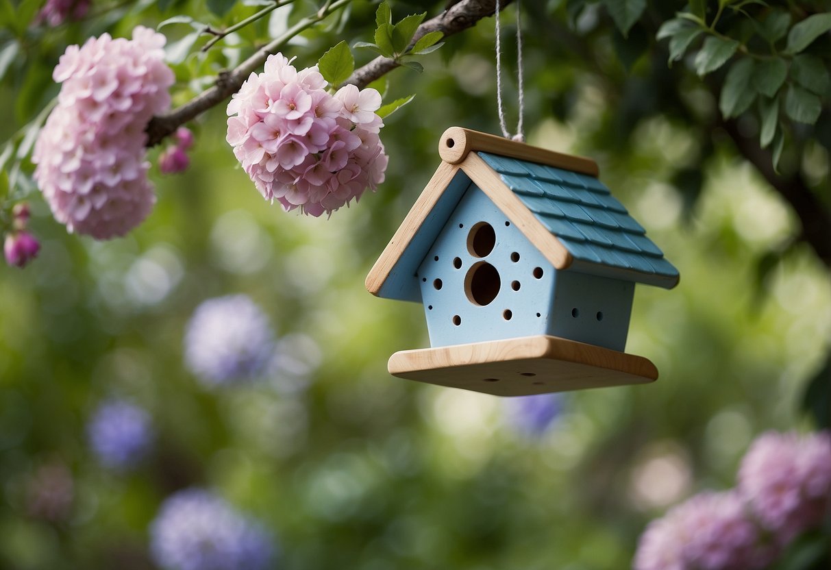 A colorful ceramic birdhouse hangs from a tree branch in a lush garden, surrounded by blooming flowers and greenery