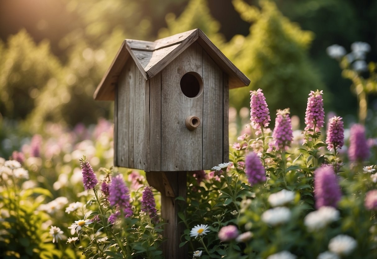 A rustic country barn birdhouse sits among blooming garden flowers, surrounded by lush greenery and chirping birds