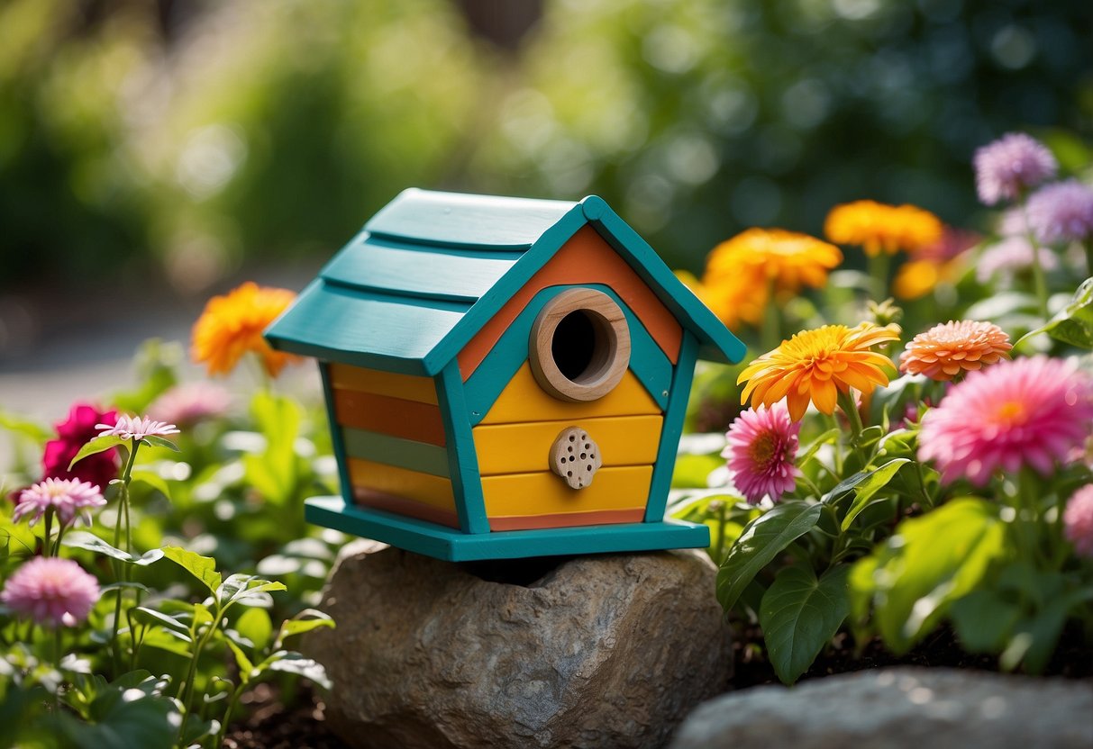 A colorful flowerpot birdhouse sits in a lush garden, surrounded by blooming flowers and greenery