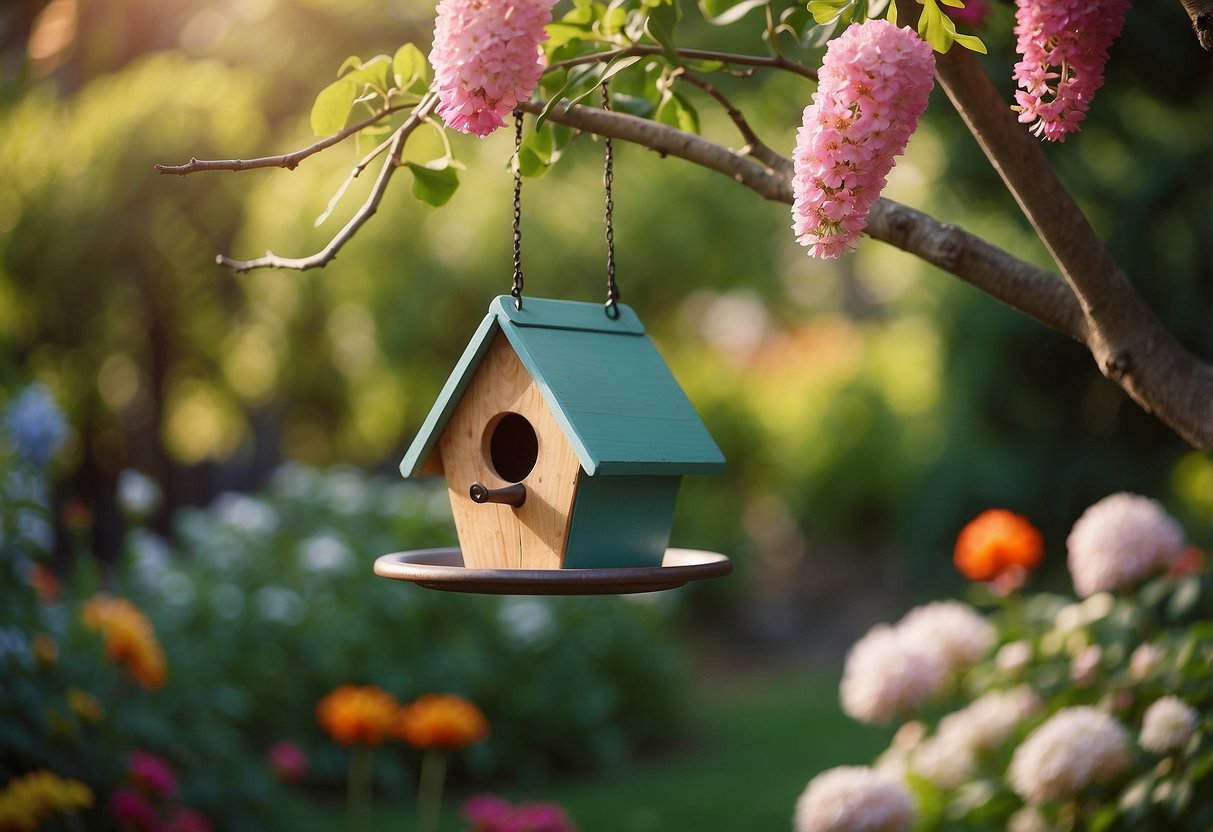 A birdhouse hanging from a tree branch in a lush garden, surrounded by colorful flowers and a small birdbath