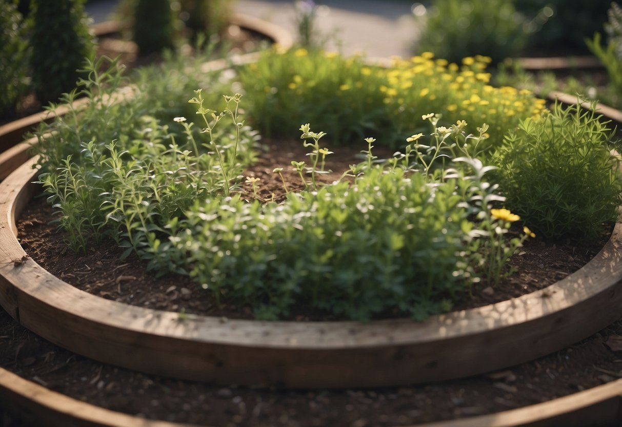 A circular garden bed with layered herbs spiraling upwards