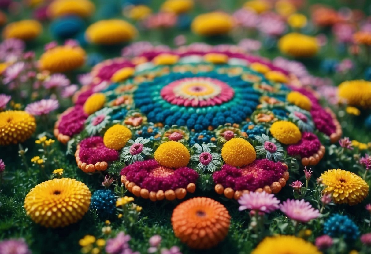 A garden filled with vibrant flower mandalas arranged in intricate patterns, creating a mesmerizing bird's eye view of colorful beauty