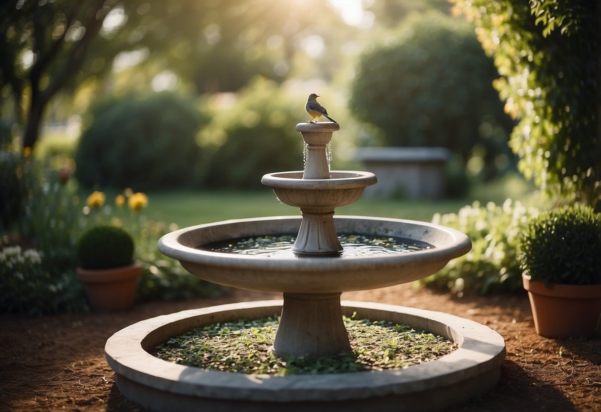 A garden with bird-friendly shrubs arranged in a circular pattern, with a birdbath in the center and small bird feeders hanging from the branches