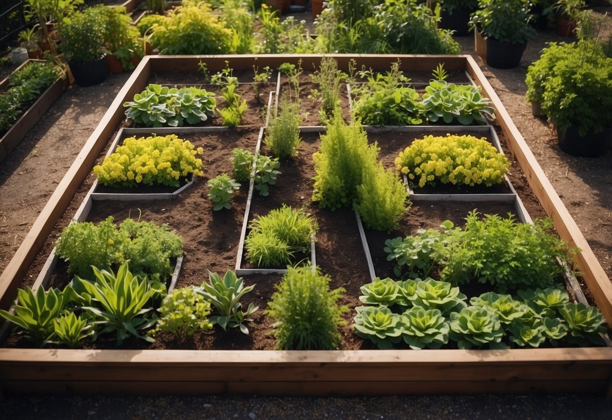 A raised bed garden with geometric designs and various plants, viewed from above