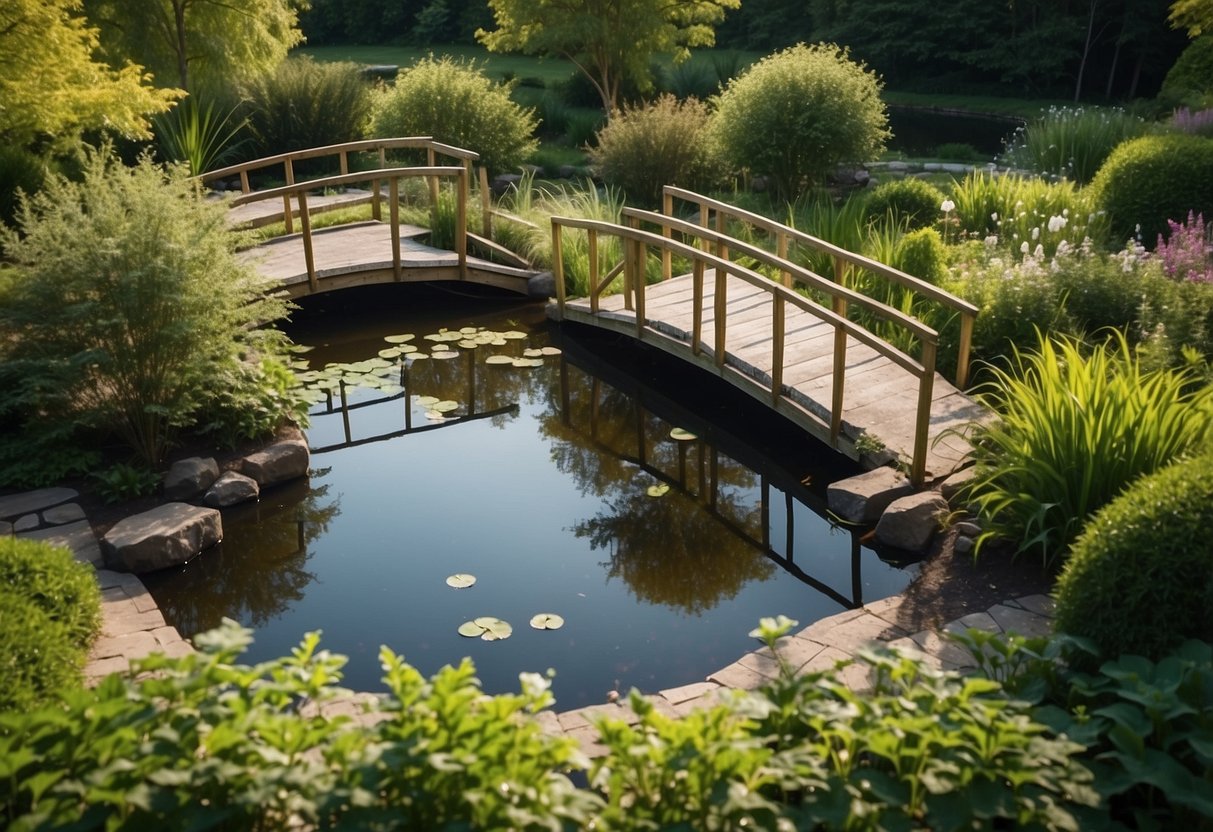 Aerial view of a garden pond surrounded by lush greenery, with stepping stones, water lilies, and a small bridge. Wildlife such as ducks and fish can be seen in the tranquil water