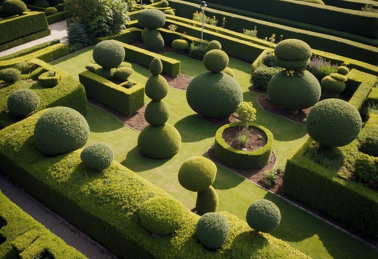 A garden with sculpted topiary art in various shapes and sizes, arranged in a symmetrical pattern from a bird's eye view