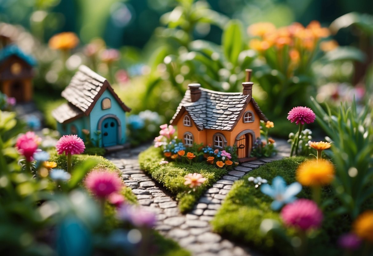 A lush, colorful garden with tiny fairy houses, winding paths, and miniature plants, surrounded by vibrant flowers and small, whimsical decorations