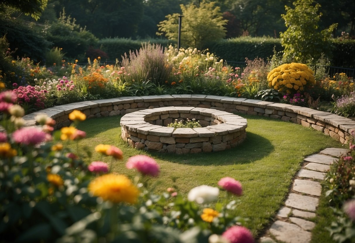 A garden with natural stone seating arranged in a circular pattern, surrounded by lush greenery and colorful flowers. Birds are perched on the edges of the seating, adding a touch of nature to the serene scene