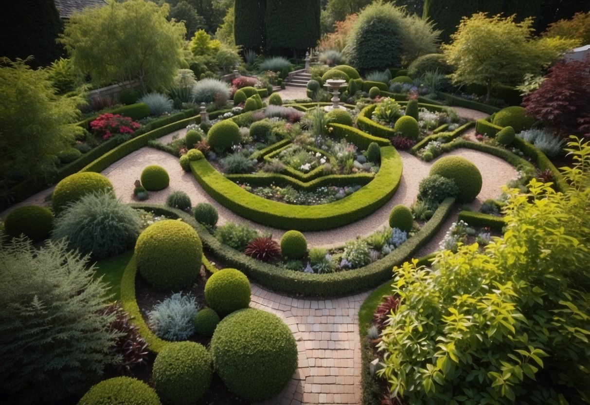 A bird's eye view of a garden with carefully selected plants arranged in an optimized layout for maximum aesthetic appeal and functionality