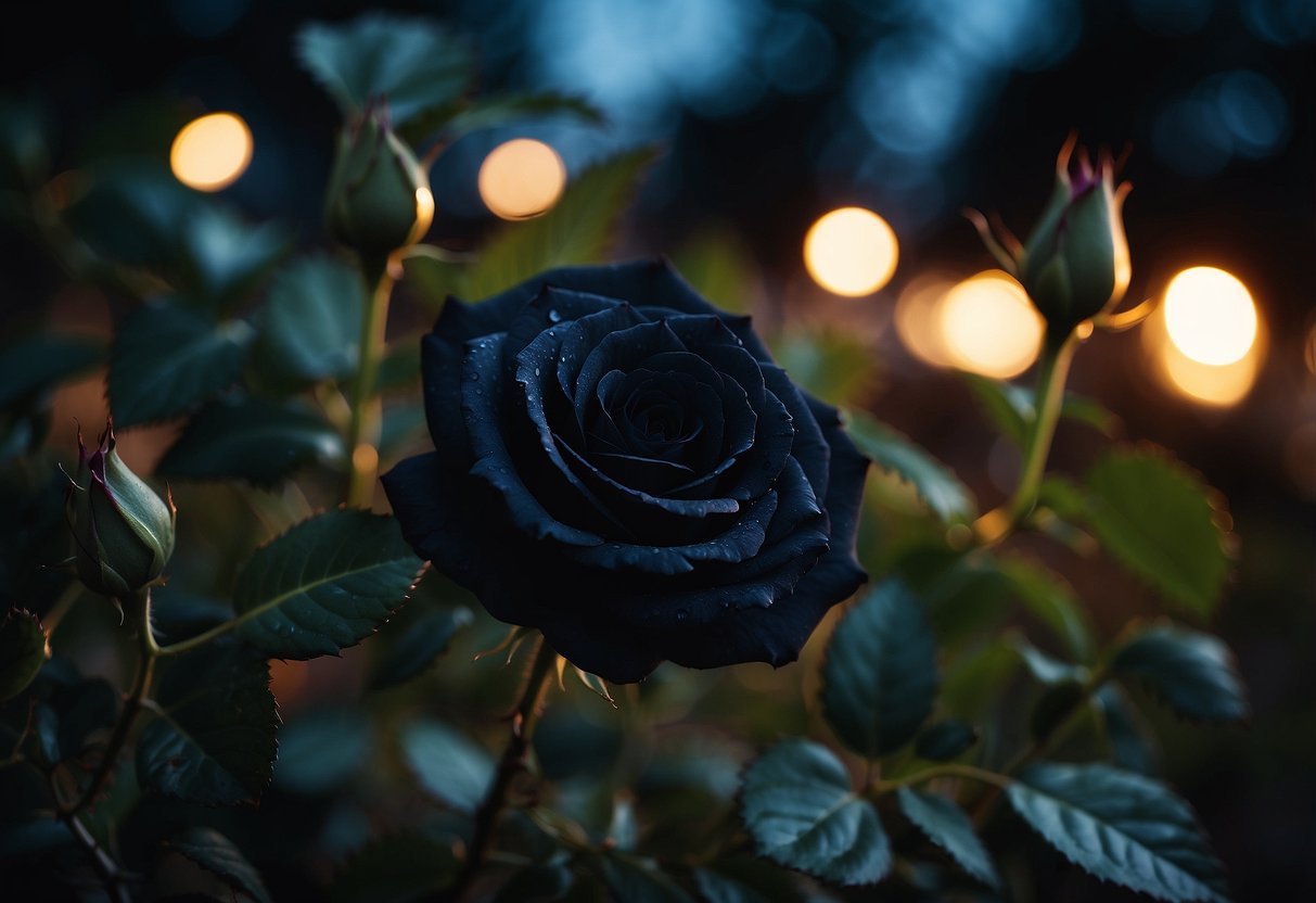 A black rose blooms under the midnight sky, surrounded by a garden of dark, mysterious plants, creating an atmosphere of midnight majesty