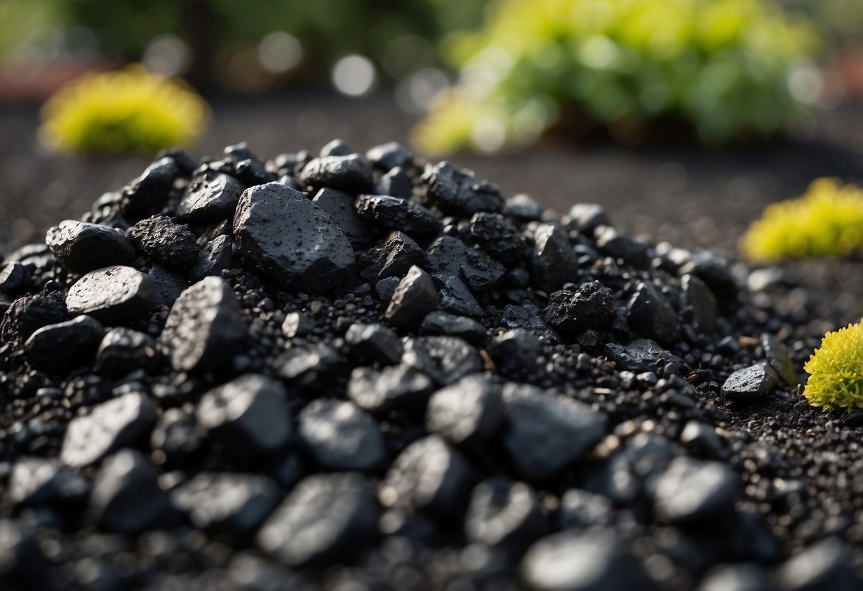 A garden bed filled with obsidian lava rock mulch, creating a striking black landscape