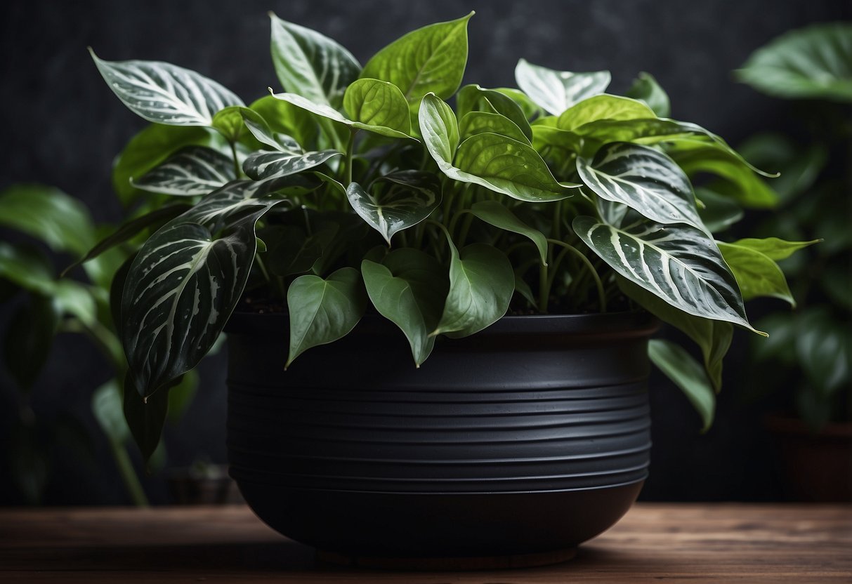 A lush black Satin Pothos plant cascades over a sleek black garden pot, surrounded by dark foliage and contrasting pops of vibrant green