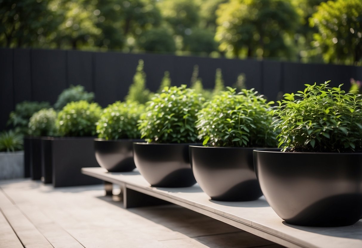 A row of jet black planter pots arranged in a modern garden setting, surrounded by sleek outdoor furniture and lush greenery