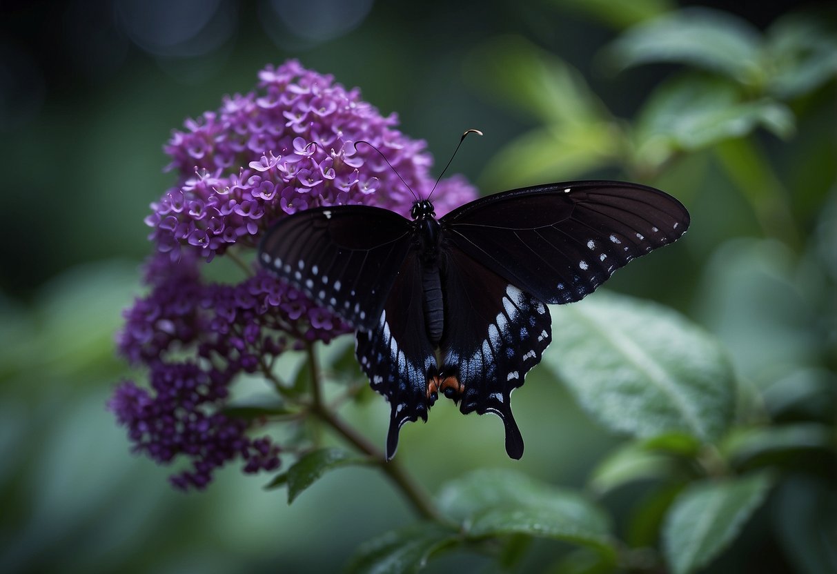 A black butterfly bush stands tall in a dark garden, its deep purple blooms contrasting against the shadowy backdrop