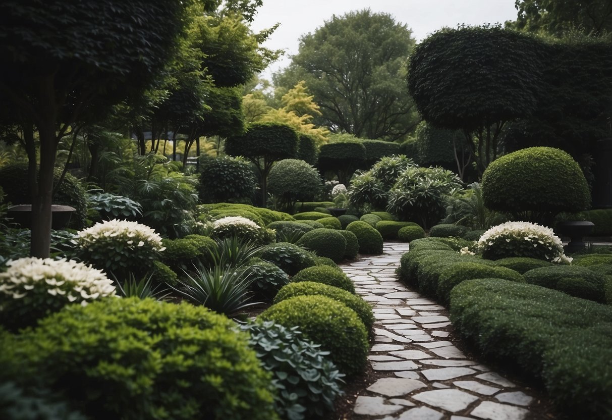 A black garden with contrasting textures and shapes, featuring dark foliage, stone pathways, and minimal pops of white or silver accents