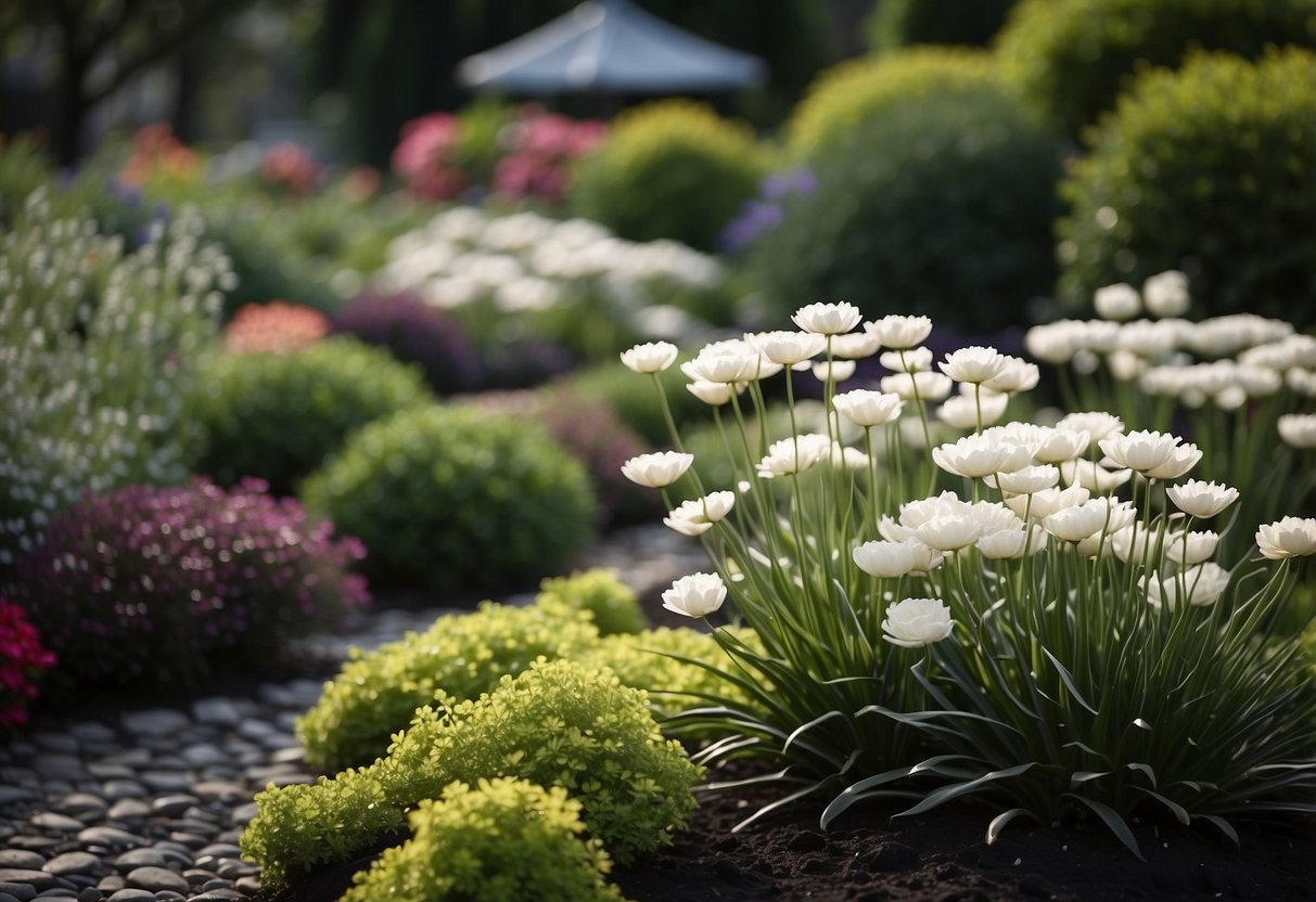 A garden with alternating black and white flower beds, creating a striking contrast. The ebony and ivory blooms create a visually stunning and unique landscape