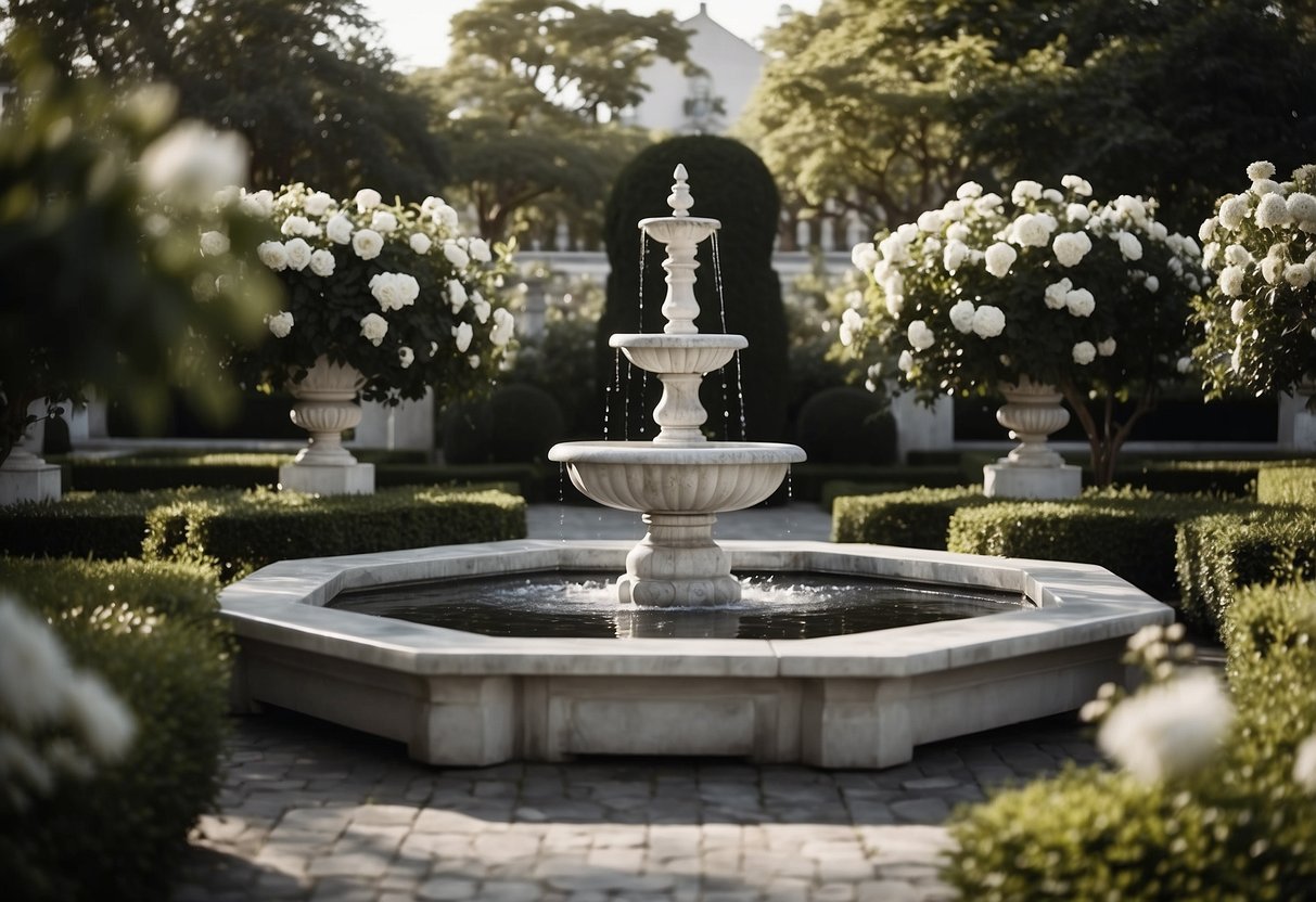 A white marble fountain surrounded by black and white flowers in a serene garden setting