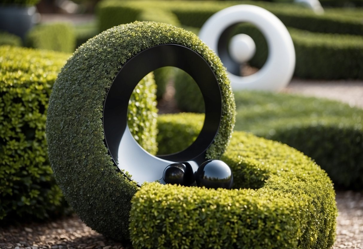 A garden with contrasting black and white topiary in the shape of Yin Yang symbol