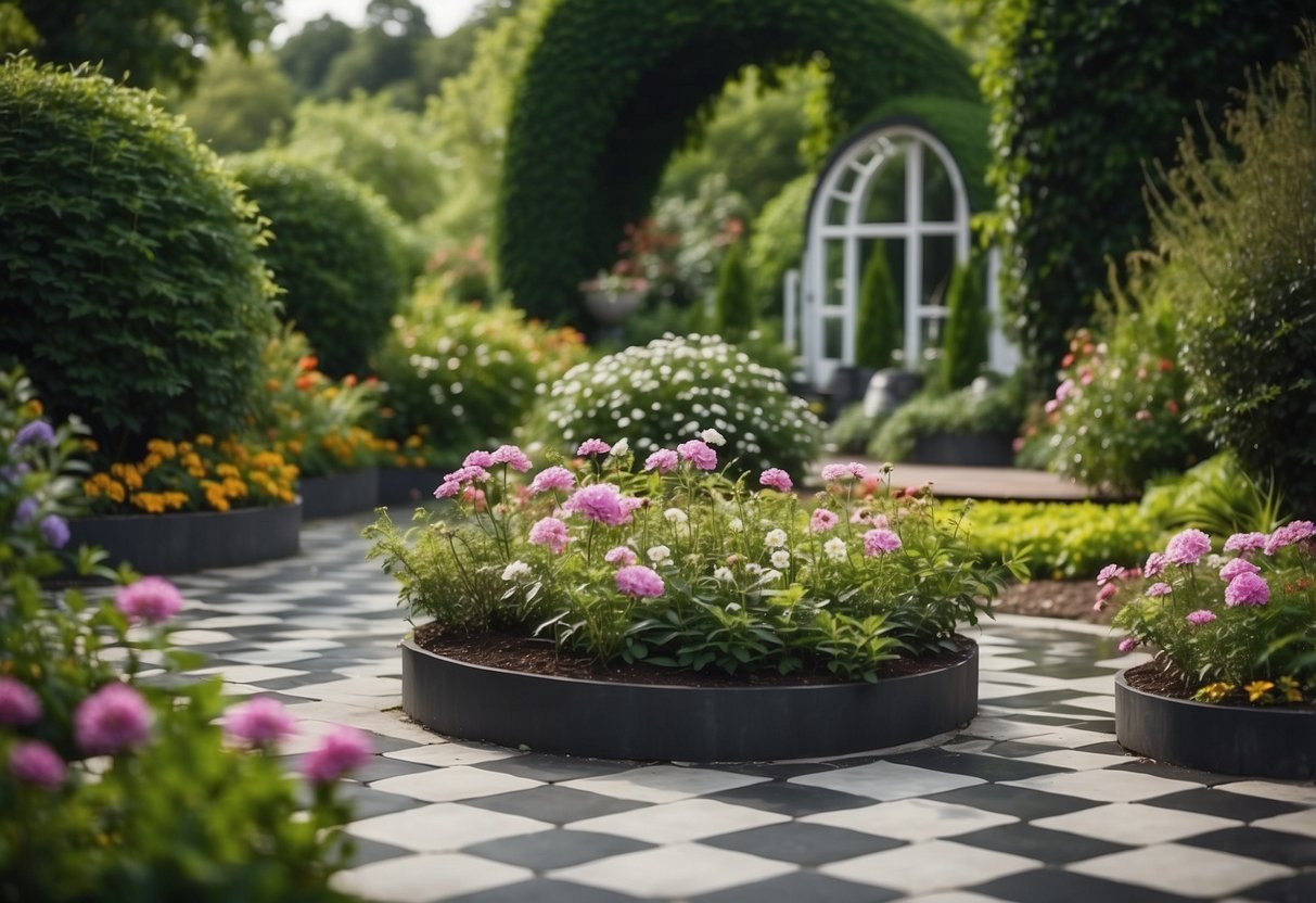 A garden with black and white checkerboard tiles, surrounded by lush greenery and vibrant flowers