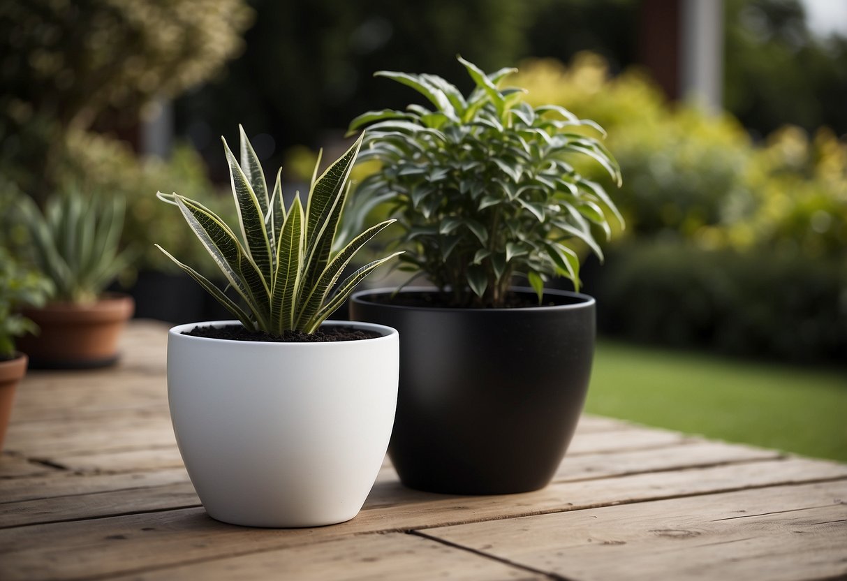 Two plant pots, one black and one white, stand side by side in a garden, creating a striking contrast