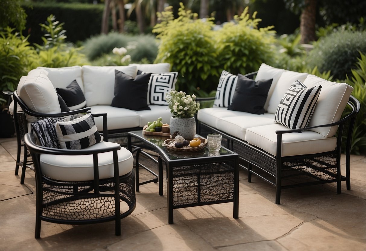 A black and white tuxedo-style outdoor furniture set arranged in a lush garden with geometric patterns and clean lines