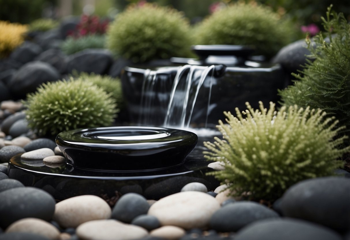 A sleek obsidian water feature stands amidst a monochrome garden, contrasting with white pebbles and black foliage