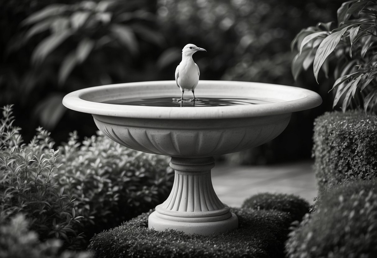 An antique white bird bath surrounded by black and white garden decor