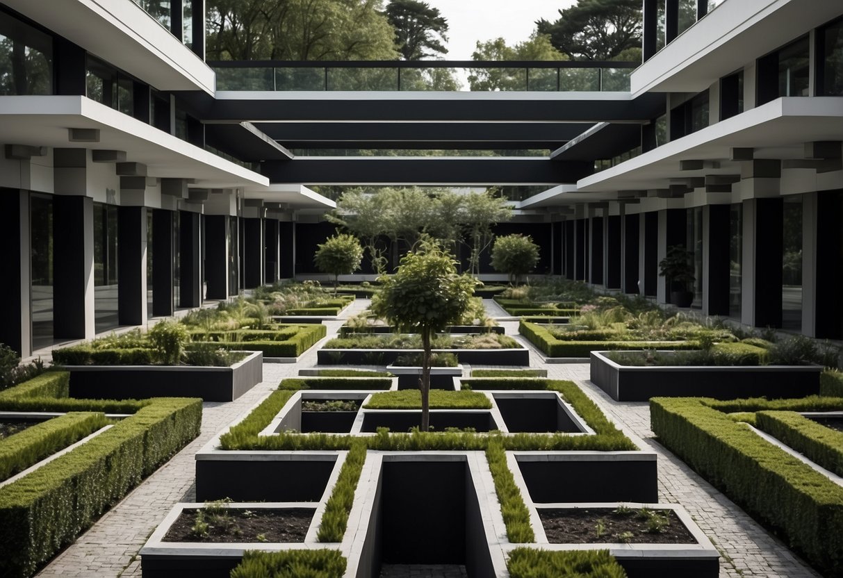 A symmetrical garden with contrasting black and white elements. Straight lines and geometric shapes create a modern and minimalist feel. Varied textures and heights add visual interest