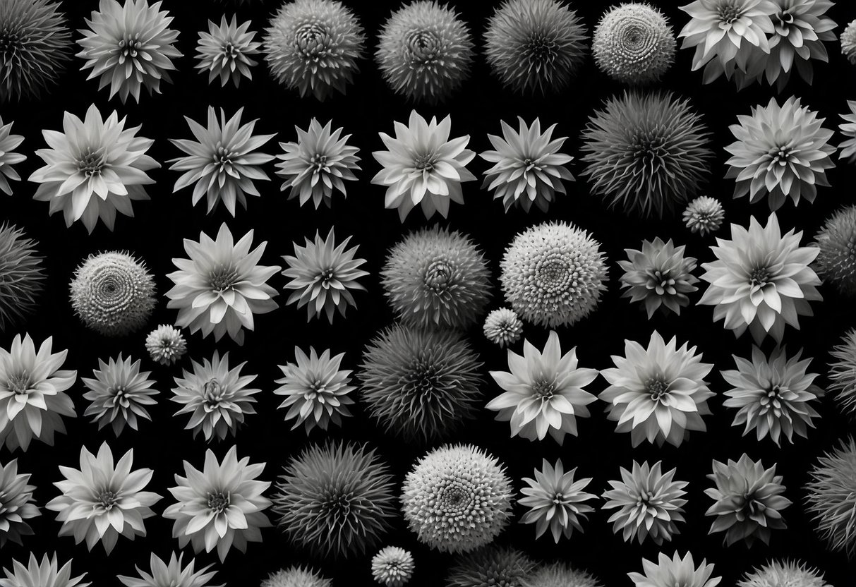 A variety of black and white plants arranged in a symmetrical pattern, with contrasting textures and heights, creating an elegant and modern monochrome garden