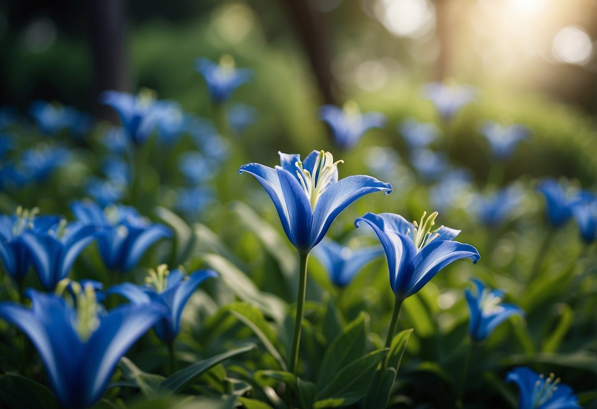 A lush garden filled with blue lily turf, surrounded by vibrant blue flowers and green foliage, creating a serene and calming atmosphere