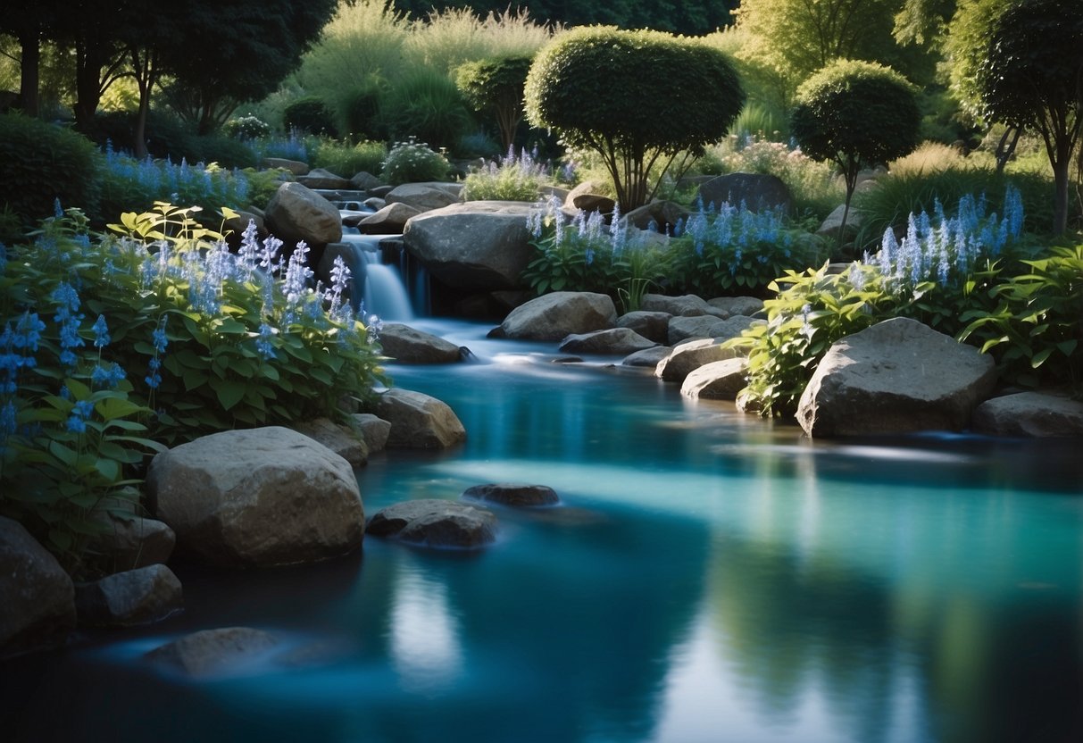 A tranquil garden with blue flowers, a flowing blue stream, and blue-toned foliage creating a serene and calming atmosphere