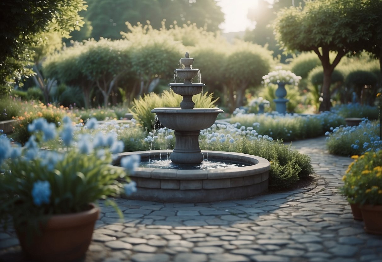 A serene blue garden with a variety of low-maintenance plants, a small fountain, and winding pathways. The color blue is incorporated through flowers, pots, and decor, creating a tranquil and harmonious atmosphere