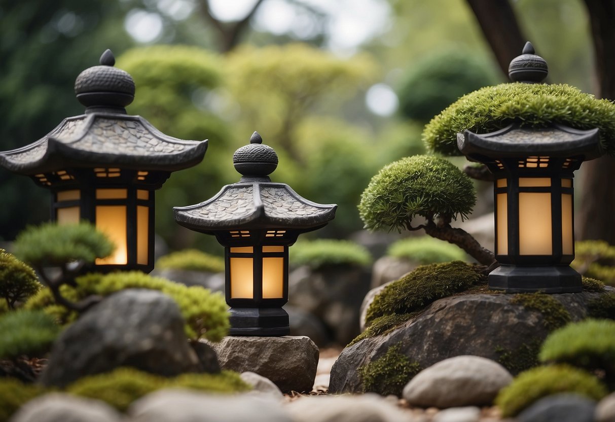 Several small stone lanterns are scattered throughout a meticulously pruned bonsai garden, creating a peaceful and serene atmosphere