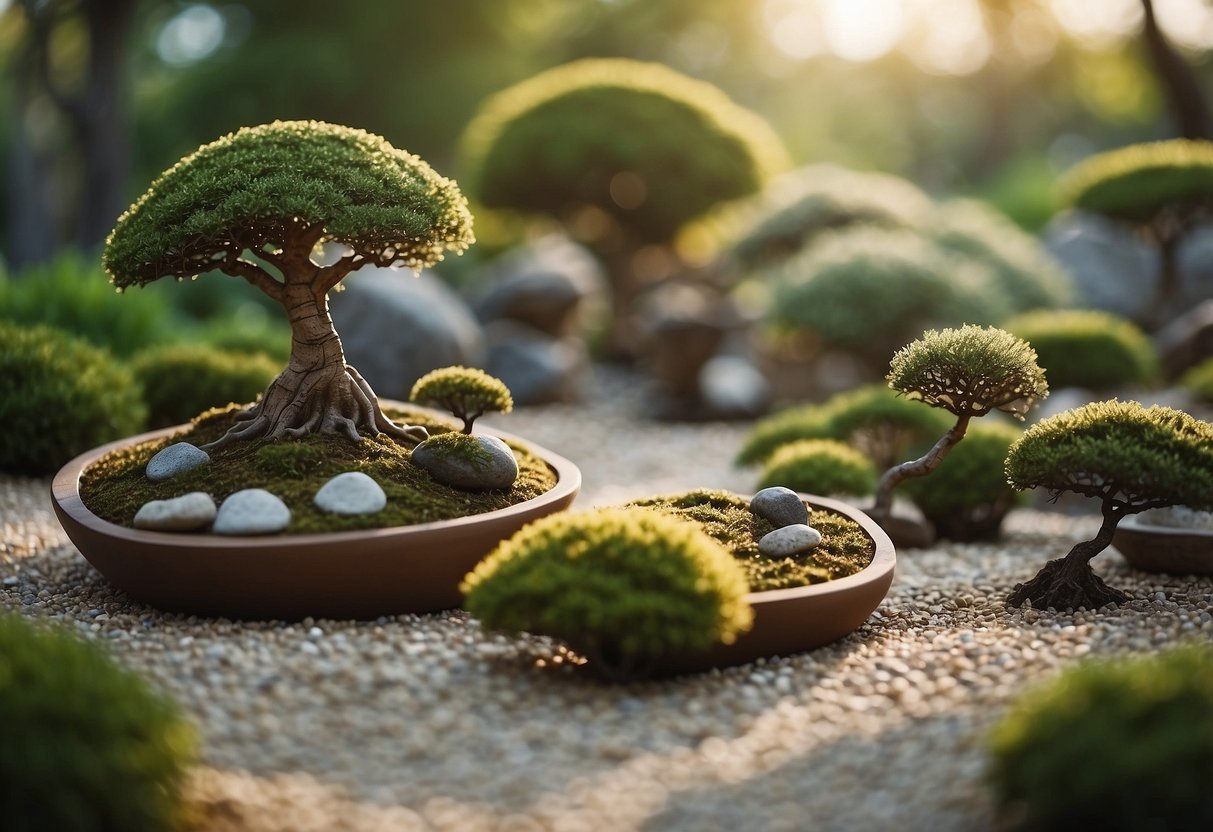 A serene Zen garden with gravel pathways winding through a collection of meticulously pruned bonsai trees, creating a peaceful and contemplative atmosphere