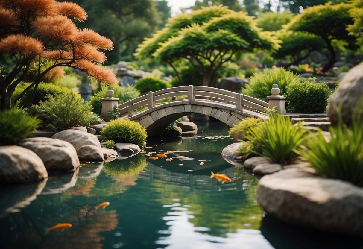 A serene koi pond nestled within a lush bonsai garden, with vibrant fish swimming among delicate plants and a stone bridge crossing the tranquil water