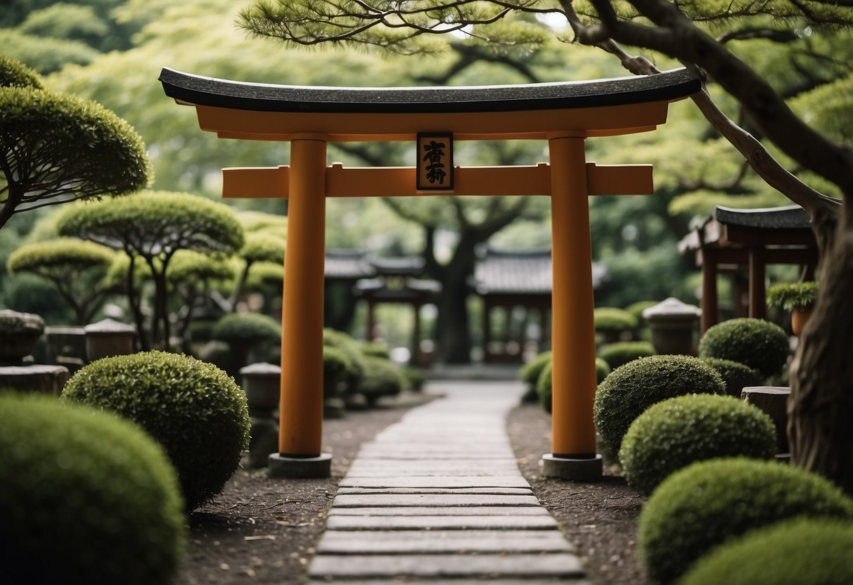 A small Shinto Torii gate stands in a lush bonsai garden, surrounded by carefully pruned miniature trees and winding pathways