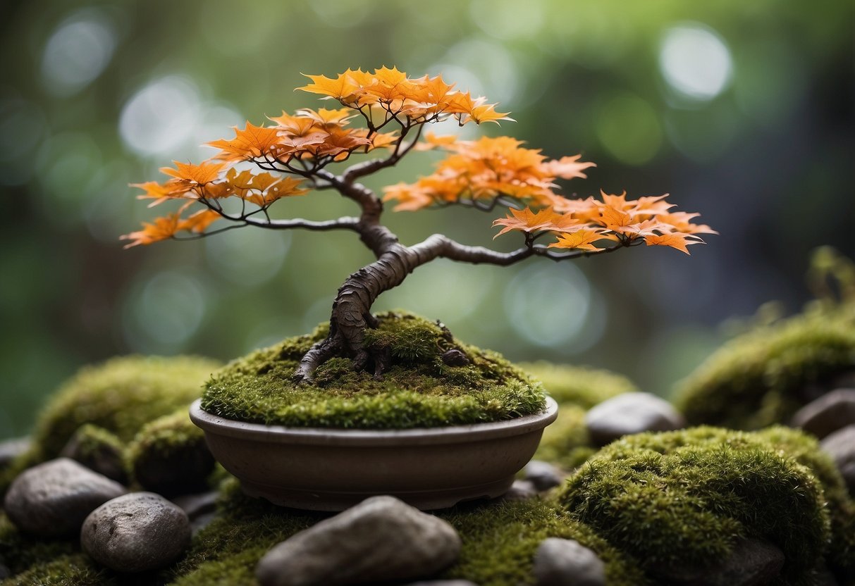 A small maple bonsai tree sits in a tranquil garden, surrounded by carefully placed rocks and moss. The tree's delicate leaves and twisting branches create a sense of peace and harmony in the space