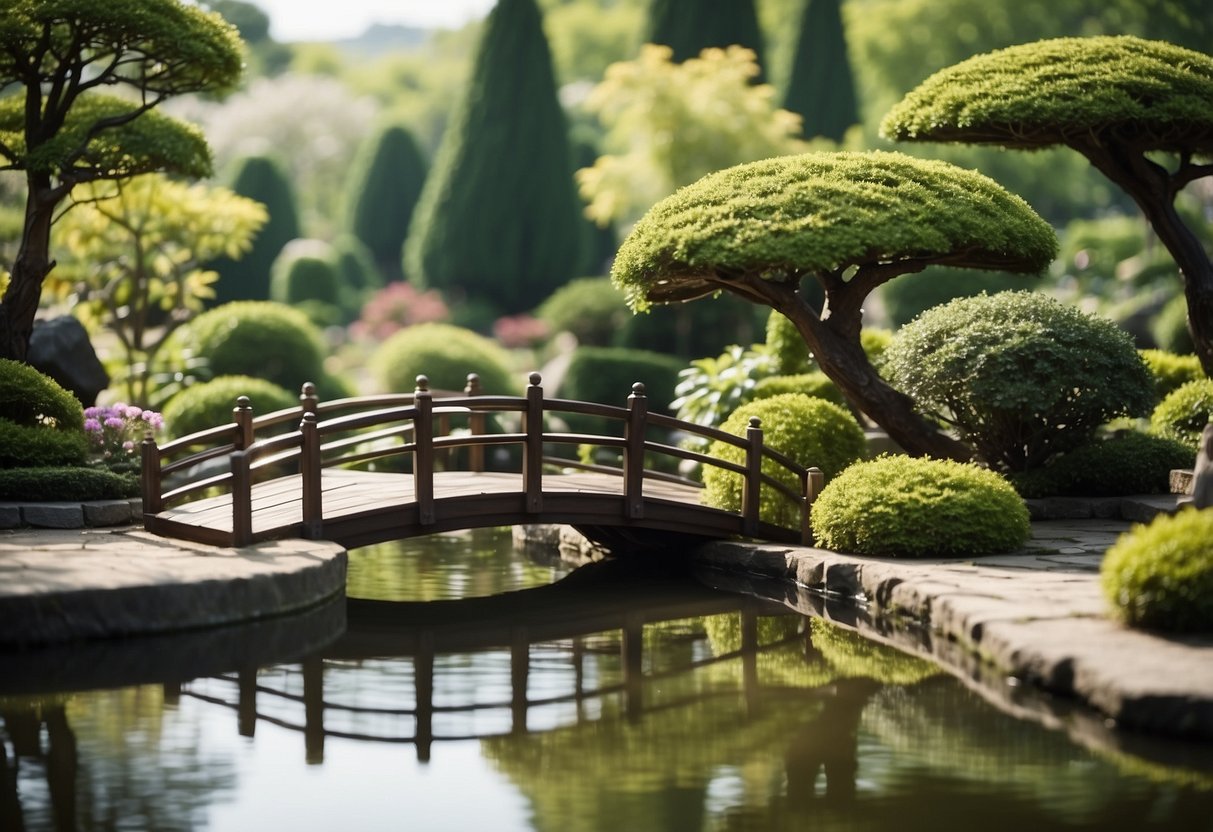 A small ornamental bridge spans over a tranquil pond in a lush bonsai garden, surrounded by meticulously pruned miniature trees and delicate flowering plants