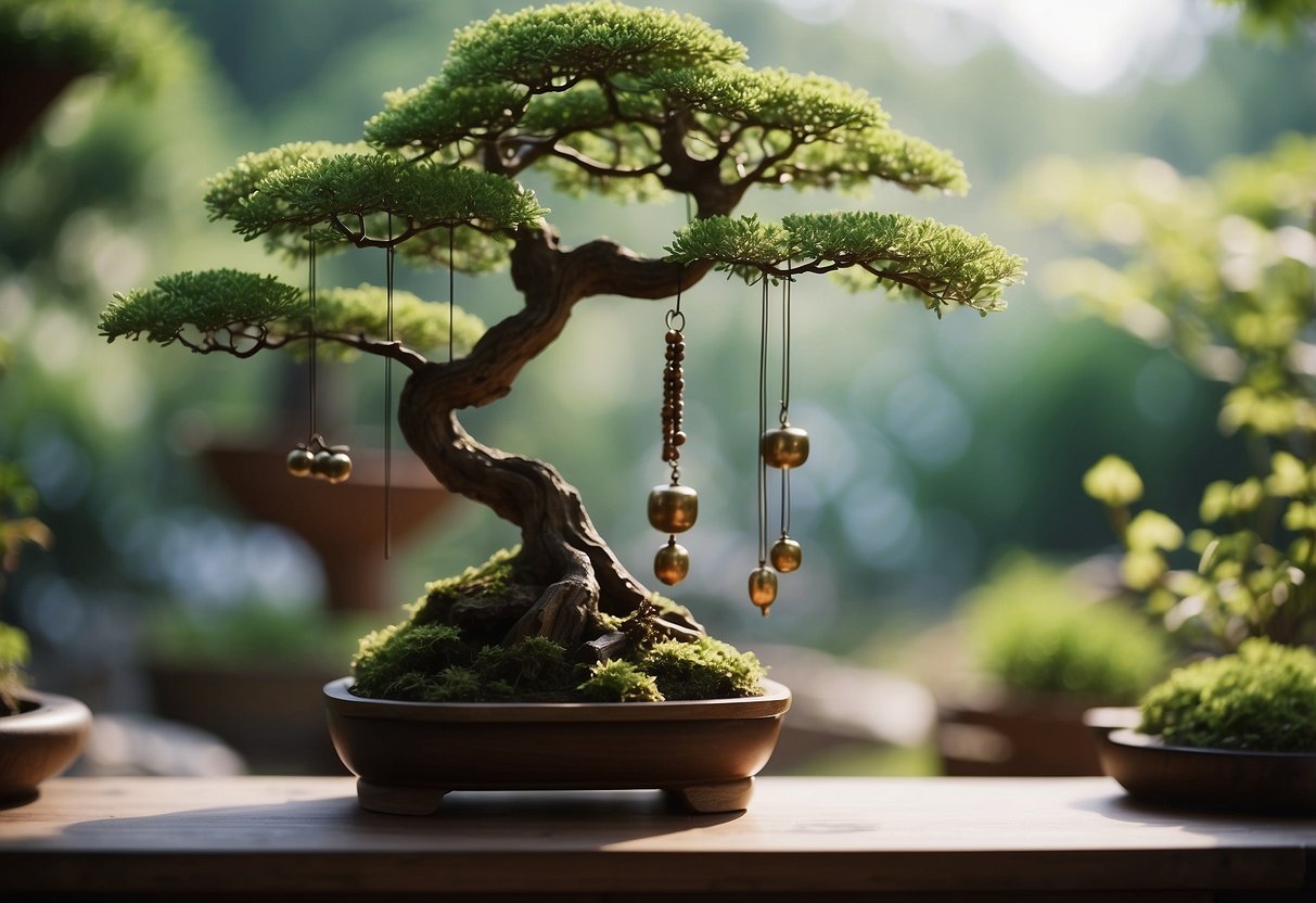 A serene bonsai garden with Feng Shui wind chimes swaying gently in the breeze, creating a harmonious and peaceful atmosphere