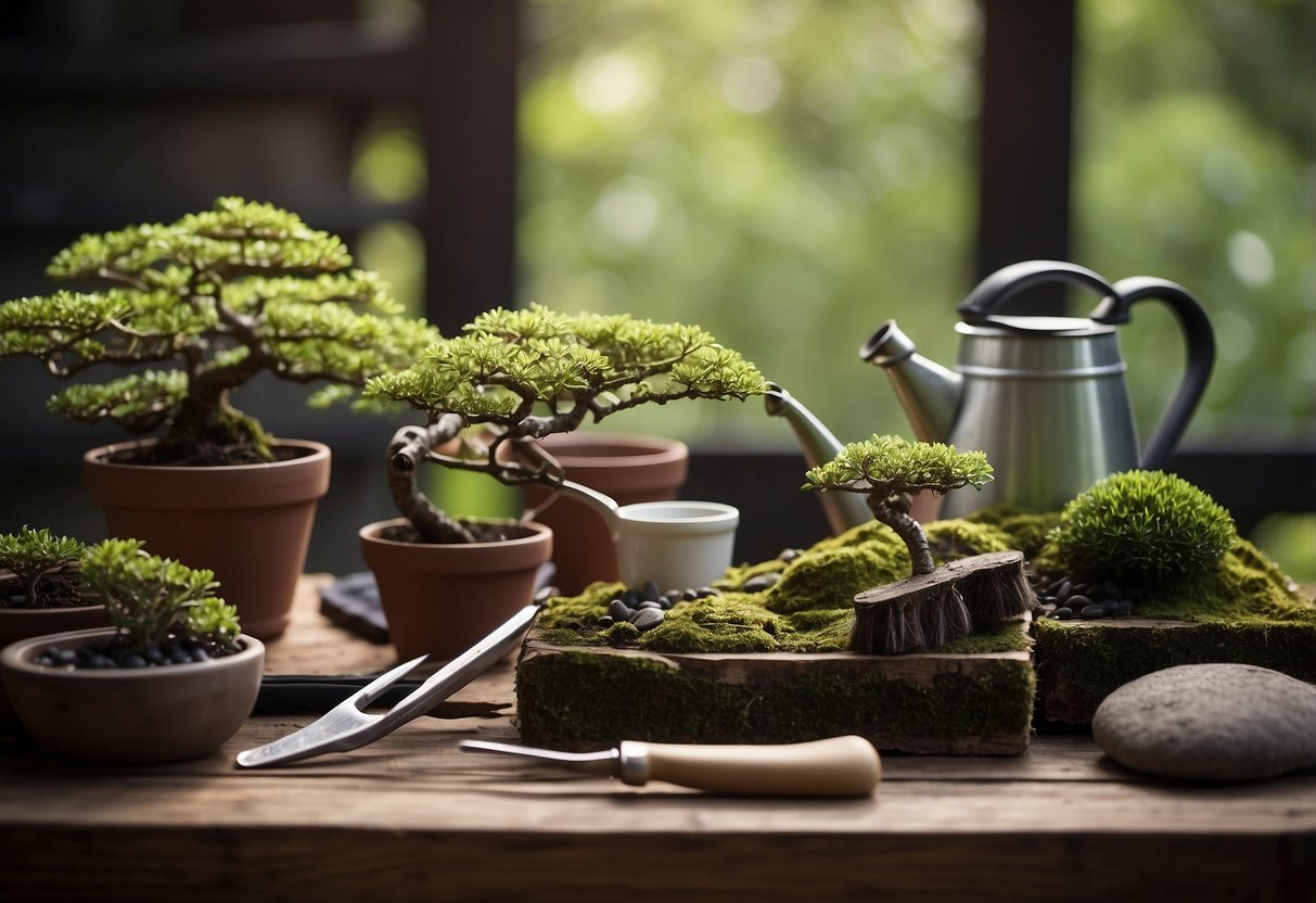 A table with bonsai tools: shears, wire, rake, and soil. A collection of pots, pebbles, and moss. A watering can and a book on bonsai care