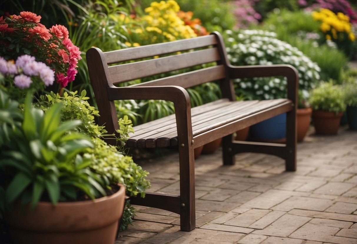 A brown wooden garden bench sits surrounded by lush green plants and colorful flowers, creating a cozy and inviting outdoor space