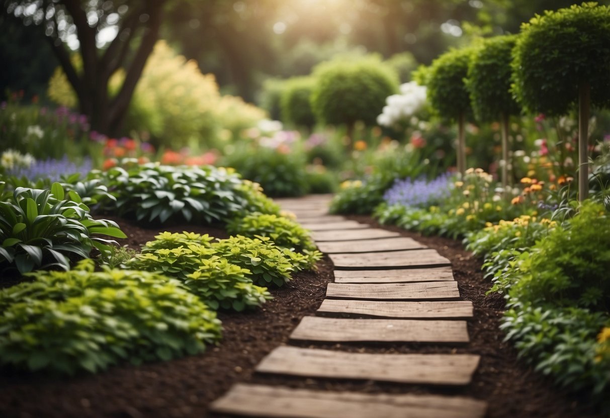 A winding bark mulch pathway weaves through a lush garden, bordered by vibrant green plants and flowers