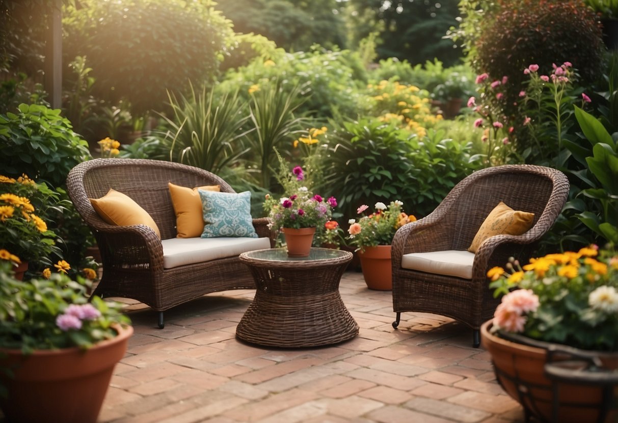 A brown wicker patio set sits on a garden patio, surrounded by green plants and colorful flowers