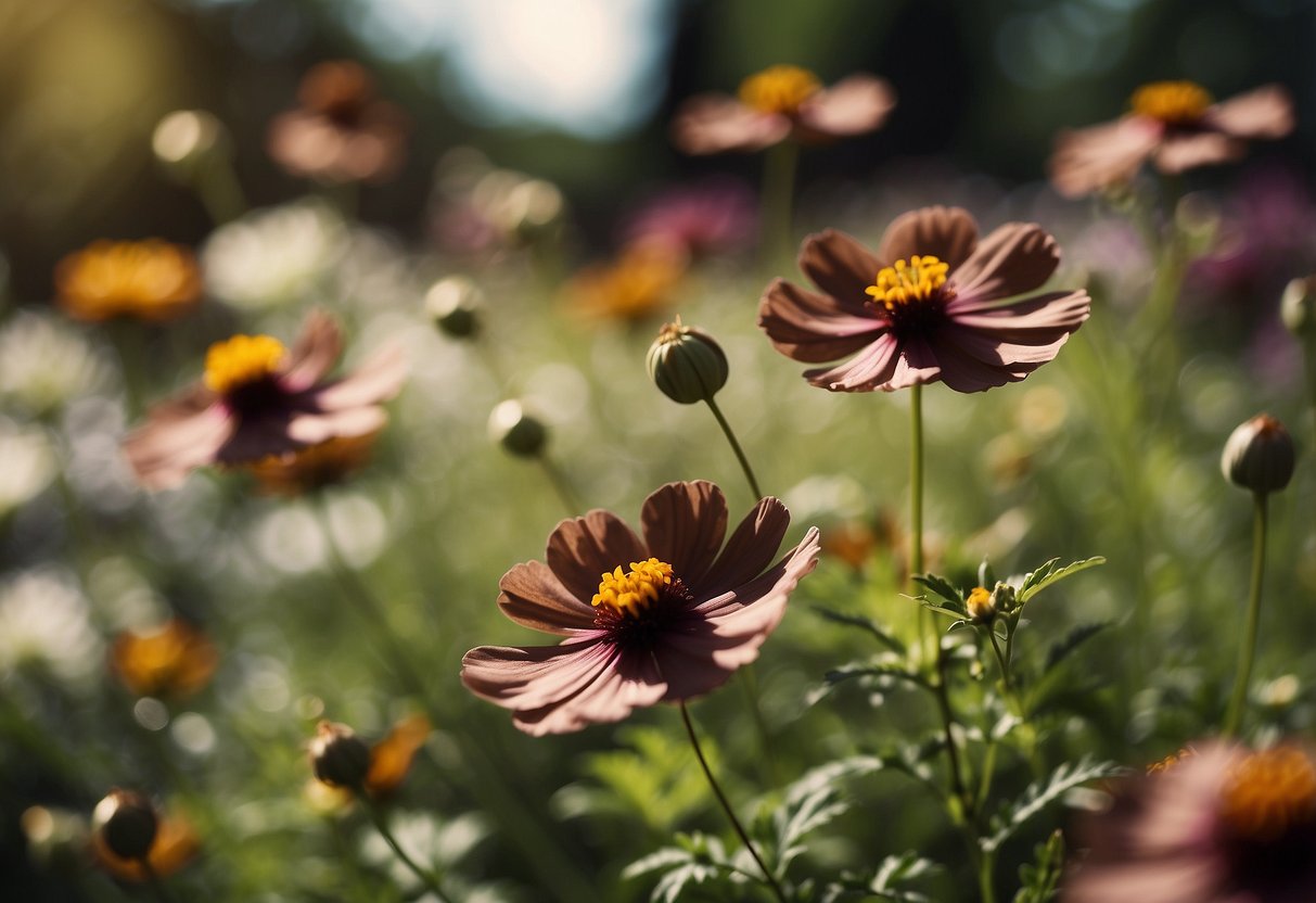 A lush garden filled with brown Chocolate Cosmos flowers, creating an inviting and warm atmosphere for outdoor living spaces